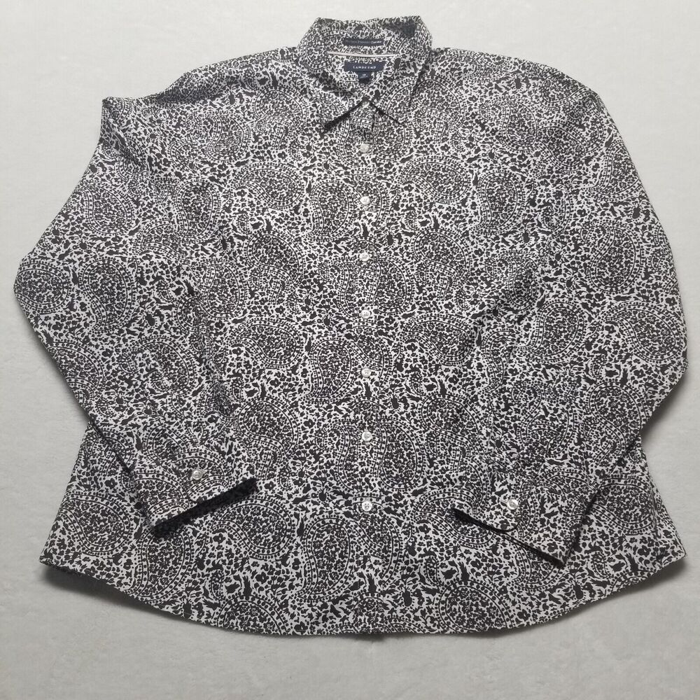 Lands End Womens 18 Top Button Up Blouse Paisley Black White Bohemian Preppy